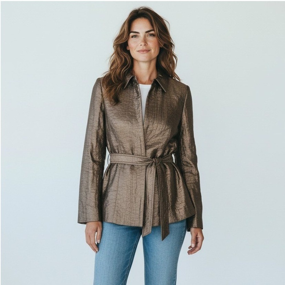 J.Jill Belted Crinkle Jacket Womens 6 Brown Metallic Textured Full Zip NWT